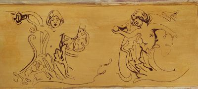 Sgraffito w trakcie rekonstrukcji. Wydrapywanie rysunku przy użyciu precyzyjnego rylca (ul. Sobieskiego 5). Fot. ze zbior&oacute;w autorki